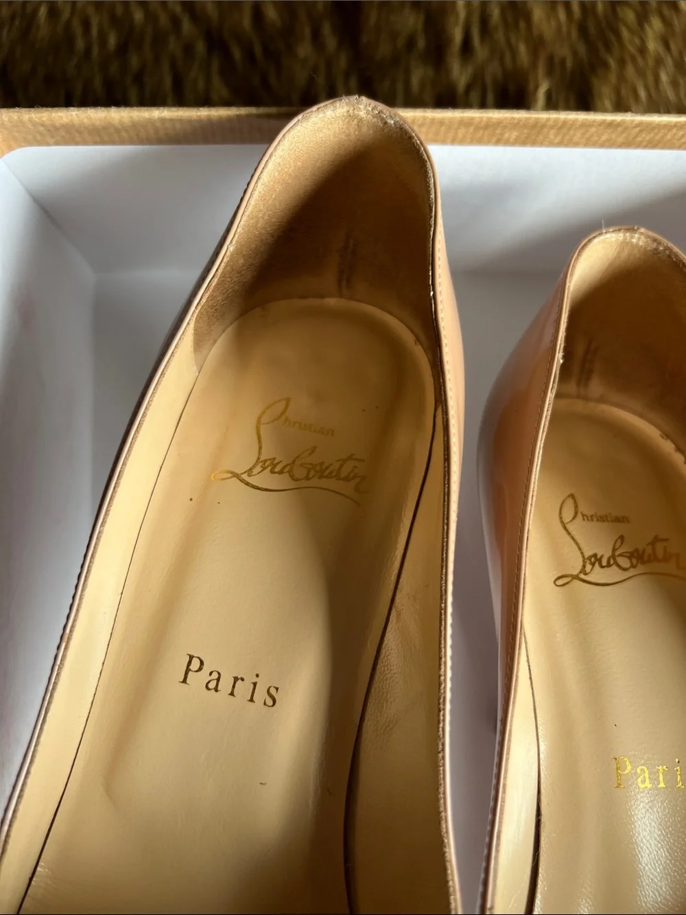 Christian Louboutin Nude Patent Peep-Toe Pumps with Signature Red Sole